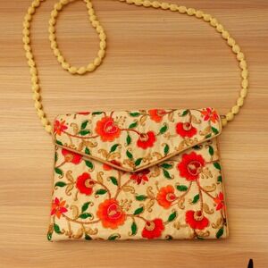 Vintage Clutch Shoulder Bag Cream Red Floral Artisan Gold Embroidered Boho Chic